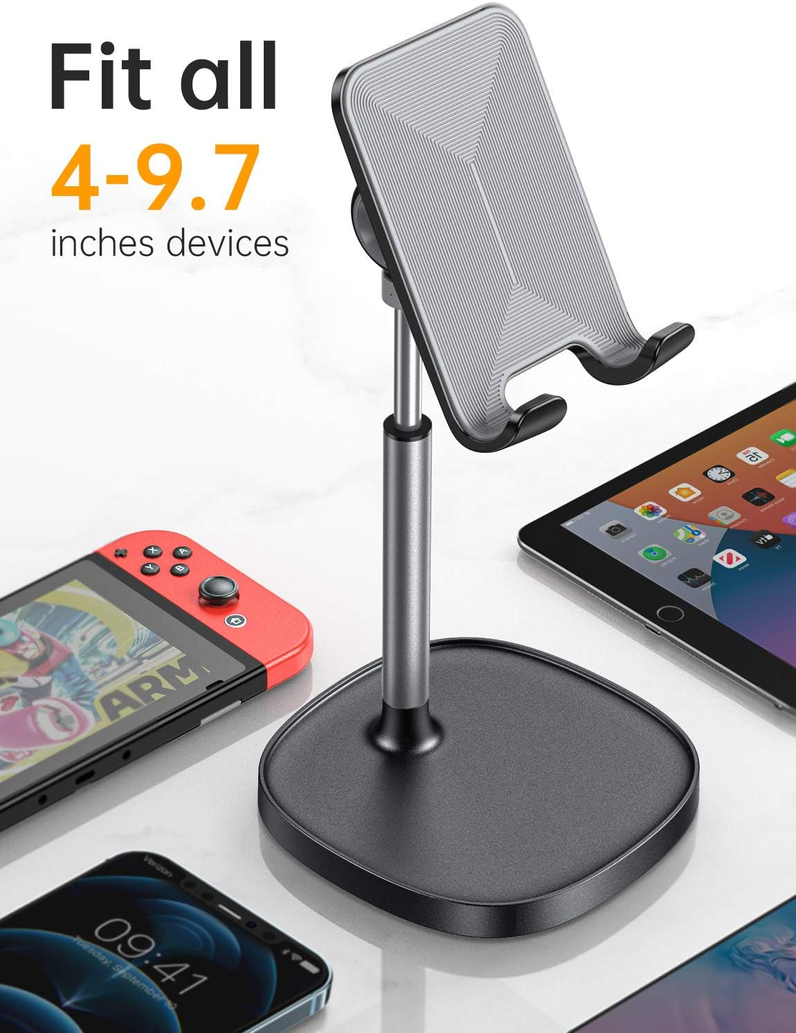 Cell Phone Stand Adjustable for Iphone Phone Holder for Desk, Office Desk Accessories Computer PC for Iphone Stand Gaming Essentials Fit Otterbox Case Phones Switch Kindle Ipad Air Tablet 4-10In