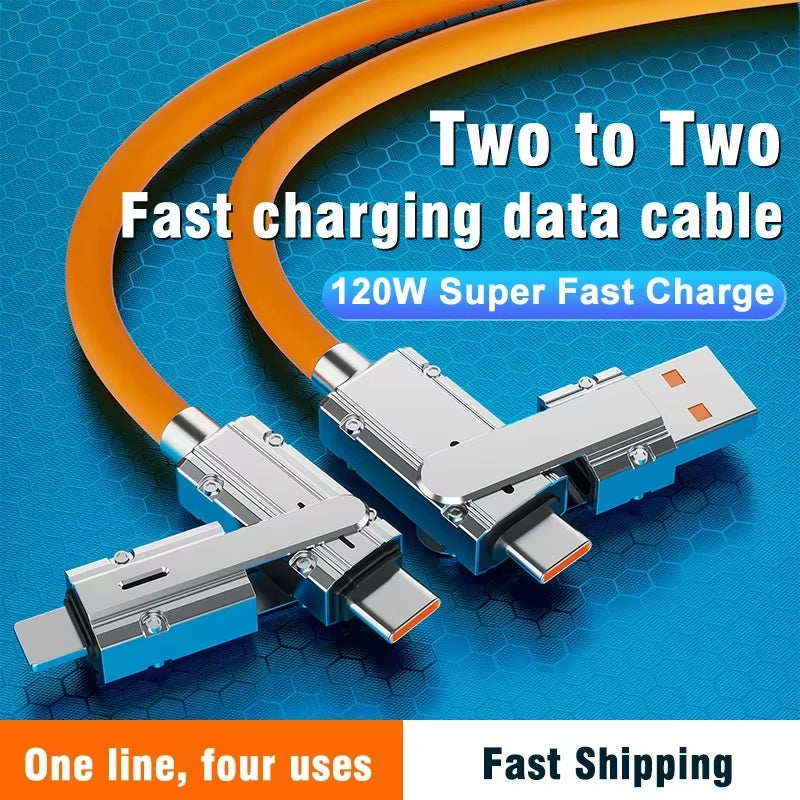 120W 4-in-1 USB Type C to Type C and Lightning Fast Charging Data Cable for iPhone 11-15 Pro Max and Samsung S24
