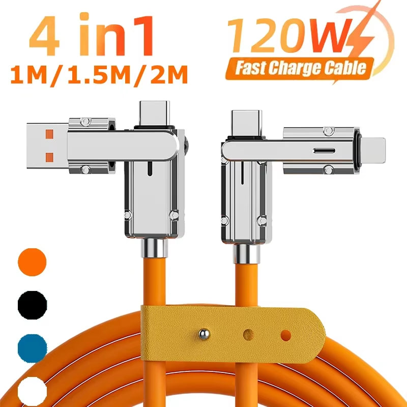 120W 4-in-1 USB Type C to Type C and Lightning Fast Charging Data Cable for iPhone 11-15 Pro Max and Samsung S24
